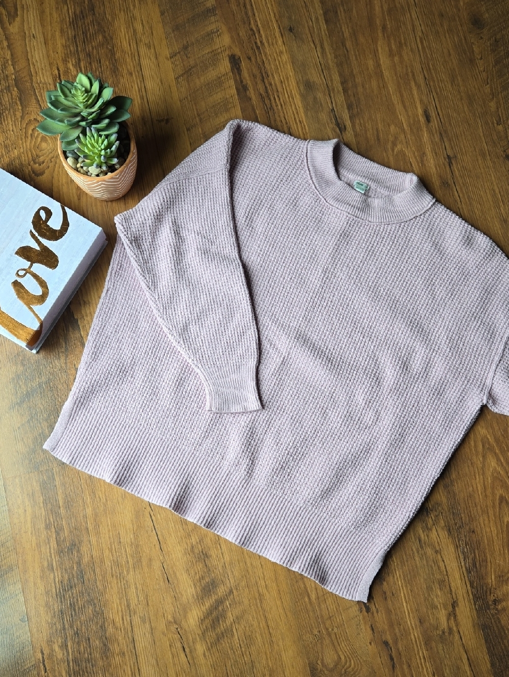 aerie Light Mauve Waffle-Knit Crewneck Sweater Small